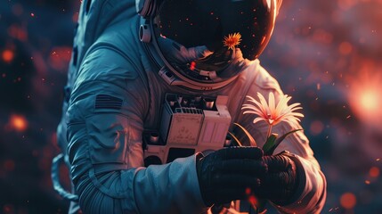 cute astronaut holding a flower in his hands,