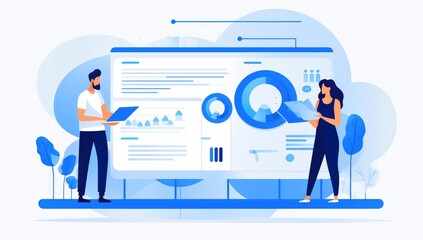 Digital marketing data analysis, team people looking at a computer screen with graphs and charts floating around them, light blue background.