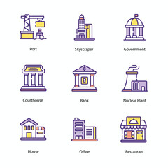 Buildings, Real estate, houses, icons collection. Icon set contains such as skyscraper, home, apartment, blueprint, key, mortgage document, and more. Simple web and mobile vector icon set.