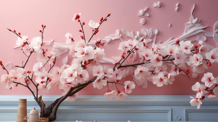 Gordijnen An enchanting pink cherry blossom branch against a soft pink background, providing a serene and delicate visual with ample space for design elements © SHAN.