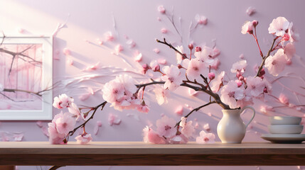 An enchanting pink cherry blossom branch against a soft pink background, providing a serene and...