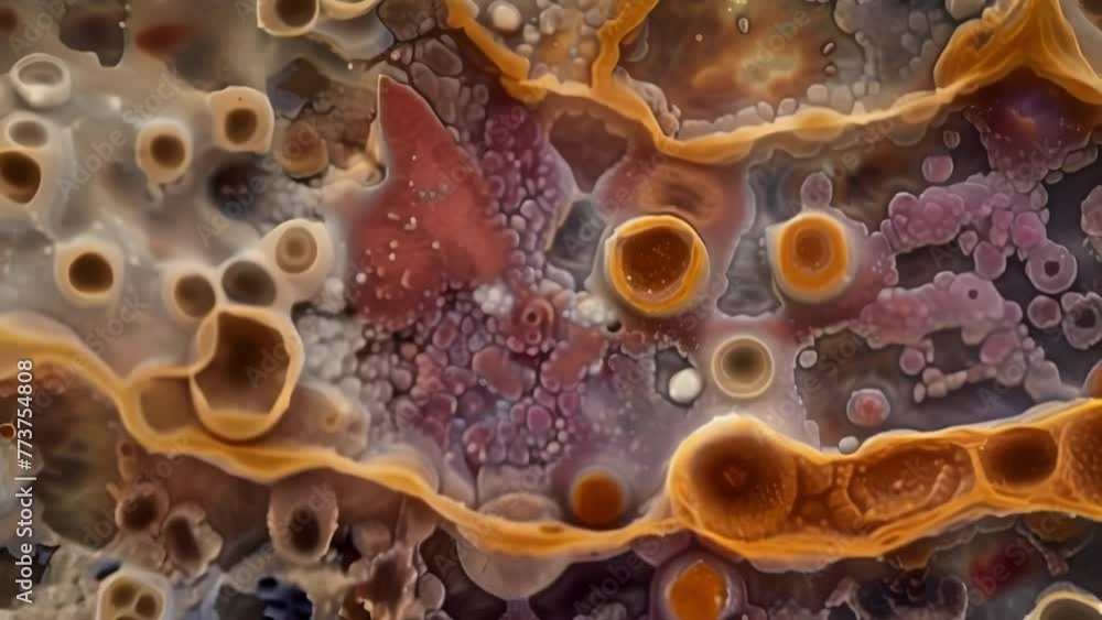 Poster a magnified view of a smear displaying a patchwork of different types of cells resembling a diverse 