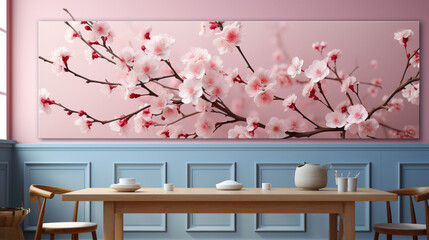 An enchanting pink cherry blossom branch against a soft pink background, providing a serene and...