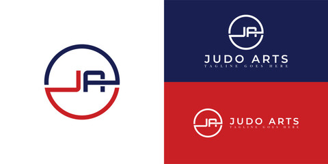 abstract initial letter JA or AJ in red and blue color isolated on multiple white, blue, and red background colors. The logo is suitable for martial arts business logo design inspiration template