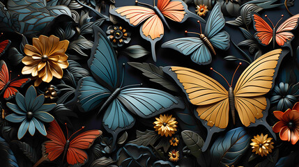 A composition featuring a collection of beautiful black butterflies against a solid obsidian...