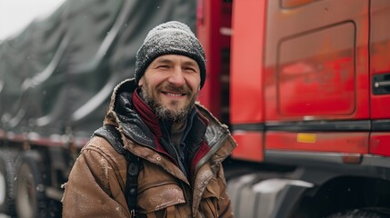 Obraz premium Smiling bearded man in winter attire standing by a red truck. Casual outdoor portrait, lifestyle imagery capturing work and travel. AI