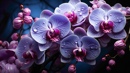 A mesmerizing purple orchid captured in exquisite detail, set against a regal violet background,...