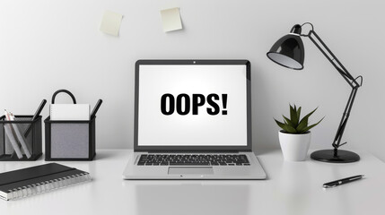 A laptop screen displays the word "OOPS!" in a neatly organized workspace.