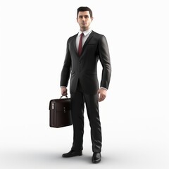 3D Render of a man in formal attire standing elegantly with a briefcase, on isolated white background, Generative AI