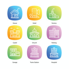 Buildings, Real estate, houses, icons collection. Icon set contains such as skyscraper, home, apartment, blueprint, key, mortgage document, and more. Simple web and mobile vector icon set.