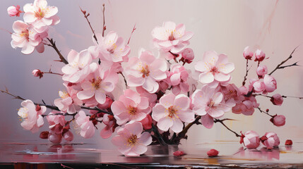 A graceful composition of cherry blossoms in soft pinks and whites, delicately arranged against a...