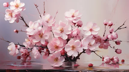Foto op Canvas A graceful composition of cherry blossoms in soft pinks and whites, delicately arranged against a calm and soothing background © SHAN.