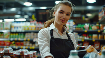 A confident worker in an apron stands at the supermarket checkout.