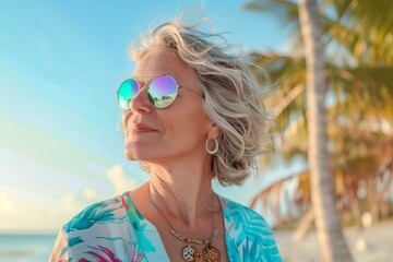 stylish fifty year old woman wearing holographic sunglasses and casual colorful clothes palms and...