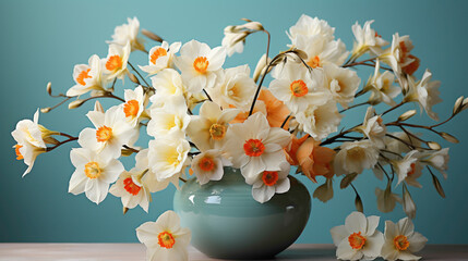 A charming arrangement of daffodils, their cheerful blooms creating a delightful contrast against a...