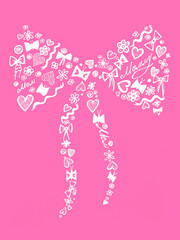 Doodle card for Mother's Day. The bow is filled with various decorative elements. Drawn with a white outline on a pink background. Different flowers, butterflies, hearts, ribbons, decor, words Mom.