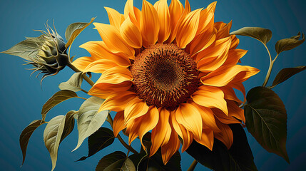 A majestic sunflower captured against a clear blue sky, allowing the viewer to appreciate its grandeur and vibrant yellow petals