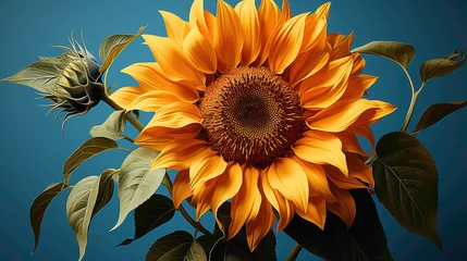 Fototapeten A majestic sunflower captured against a clear blue sky, allowing the viewer to appreciate its grandeur and vibrant yellow petals © SHAN.