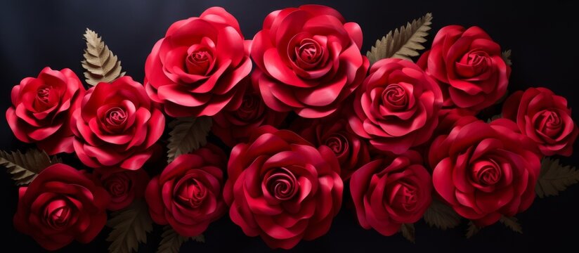 A beautiful close-up image featuring a bunch of vibrant red roses set against a striking black backdrop, showcasing their intricate petals and rich color