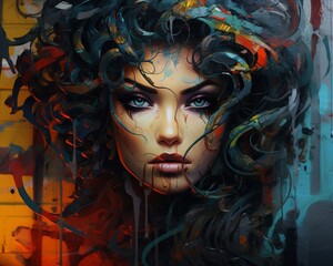 Medusa, Snakes, Petrifying Gaze, Urban graffiti wall, Realistic painting, Backlights, Vignette