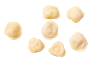 Fototapeta na wymiar Boiled dumplings isolated on white background. Top view