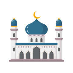Vector cartoon flat islamic mosque. Ramadan muslim icon isolated on white background. Arabian mosque building with minarets. Eid Al-Fitr illustration