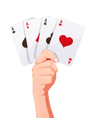 Hand holding playing cards vector isolated on white background.