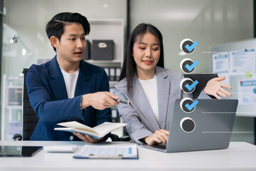 Businessman team using tablet to do online checklist survey, doing assessment online survey answer test questions Digital form.