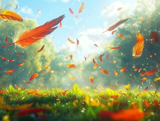 Colorful feathers in free fall over a lush meadow, photorealistic quality, natural light ,3DCG,high resulution