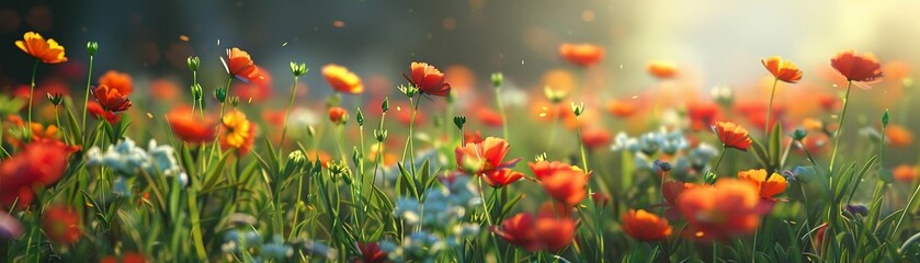 Vibrant flowers in free fall over a green meadow, photorealistic image with natural lighting ,super realistic,clean sharp focus - obrazy, fototapety, plakaty