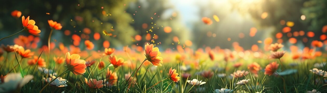 Vibrant flowers in free fall over a green meadow, photorealistic image with natural lighting ,super realistic,clean sharp focus