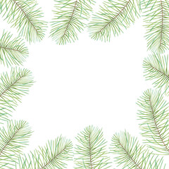 Fototapeta na wymiar Square frame made of pine or fir branches. Illustration with watercolors and markers. Botanical decoration for New Year 2025 and Christmas. Hand drawn isolated art. Coniferous background with needles