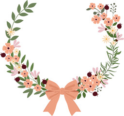 Spring Flowers Wreath with Ribbon - Hand Drawn Floral Frame Vector Illustration for Invitation, Greeting Card, Birthday, Party, Celebration, Wedding, Poster, Banner, Textile, and Wallpaper