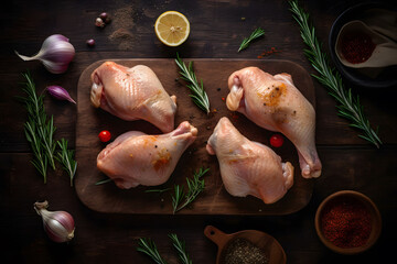 Raw chicken legs on a cutting board with herbs, lemon, and spices. Get ready for the grill. Top view. - obrazy, fototapety, plakaty