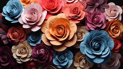 An artistic arrangement of roses in different colors, forming a visually pleasing pattern against a...