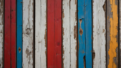 Antique wooden plank texture with cracked paint in white, red, yellow and blue colors. Horizontal retro background with wooden planks of different colors Looks Less. AI generated