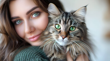 Portrait of young woman holding cute siberian cat with green eyes. Female hugging her cute long hair kitty. Background, copy space, close up. Adorable domestic pet concept.Generative Ai