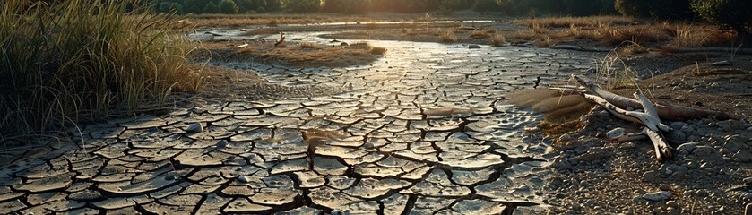 Photorealistic depiction of driedup riverbeds during a heatwave, a sign of global warming ,digital photography,Prime Lenses - obrazy, fototapety, plakaty