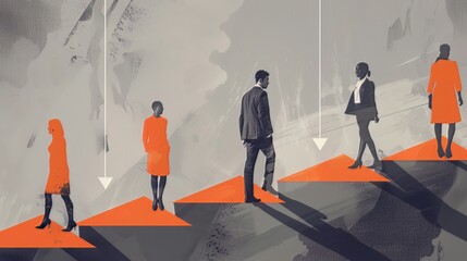 Five individuals stand on shifting arrows, symbolizing job role reorganization, depicted against a warm-colored grey background with translucent orange accents, portraying modern workplace dynamics 