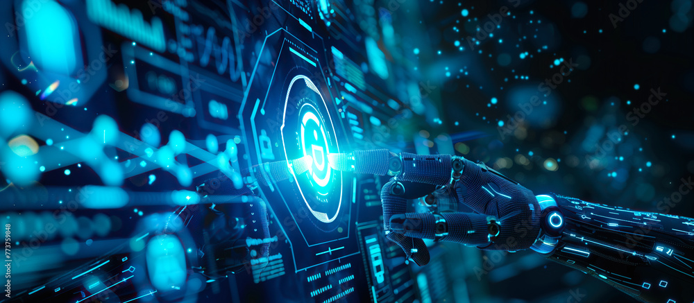 Poster a robot hand points towards a holographic display showcasing cyber security symbols. the intersectio