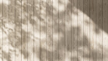 Outdoor wood plank fence wall in dappled sunlight, leaf shadow for exterior design decoration,...