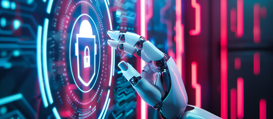 A robot hand points towards a holographic display showcasing cyber security symbols. The intersection of Artificial Intelligence, cyber security, and global communication technology. Generative AI.