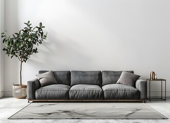 Photo of Scandinavian living room with grey sofa against empty wall mockup, simple design concept