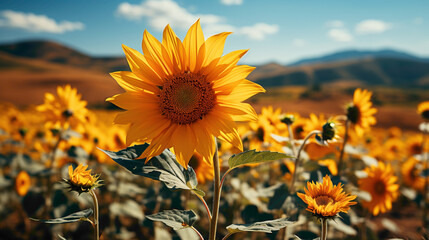 A breathtaking view of a sunflower field in full bloom, with a solitary sunflower taking center stage against a clear backdrop