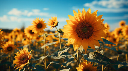 A breathtaking view of a sunflower field in full bloom, with a solitary sunflower taking center...