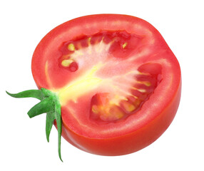 half tomato with leaves isolated, macro tomato studio photo, transparent PNG, PNG format, juicy, cut out
