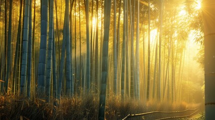 A peaceful bamboo forest with sunlight filtering through the tall stalks AI generated illustration
