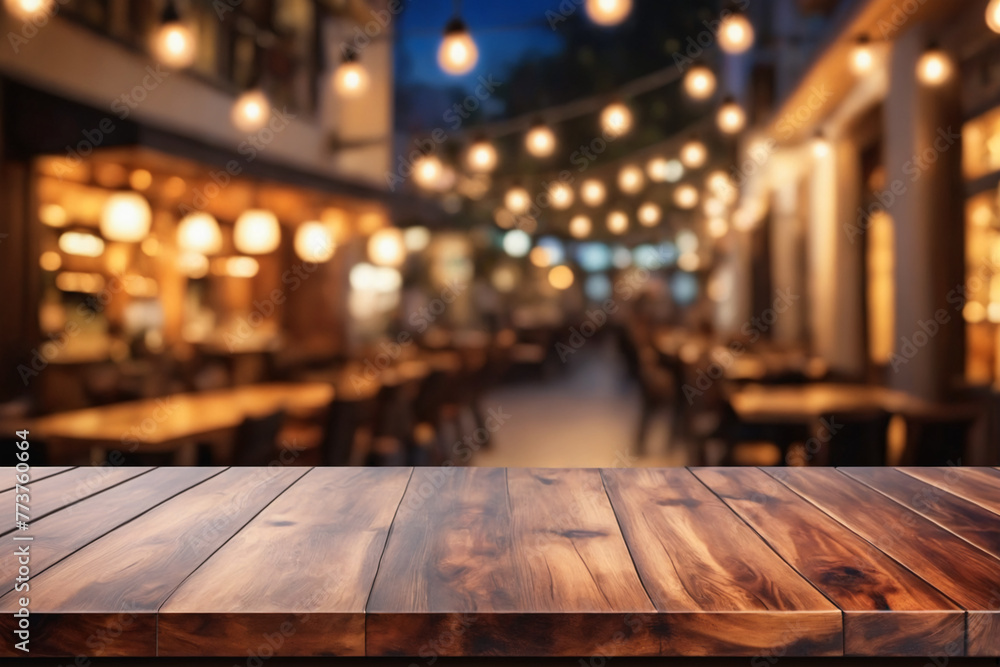 Aufkleber empty wooden table top with lights bokeh on blur restaurant background