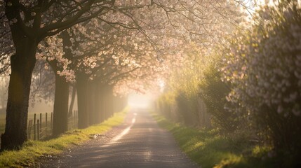 A quiet country lane lined with blooming cherry blossoms with sunlight filtering through the branches AI generated illustration