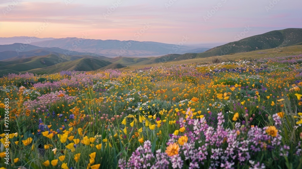 Poster a rolling field of wildflowers with the soft glow of twilight in the background ai generated illustr